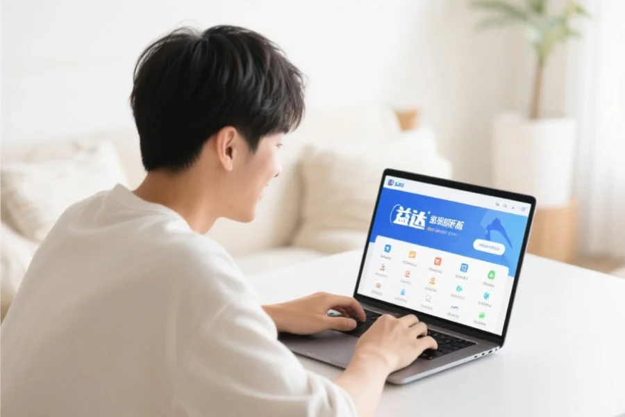 一位年轻用户在明亮舒适的室内环境中愉快地使用笔记本电脑，屏幕上展示新航客户端新版界面